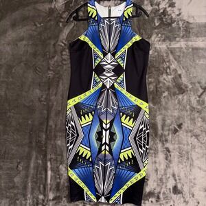 Valleygirl Geometric Print Sleeveless Sheath Dress Black Blue Yellow Size‎ L